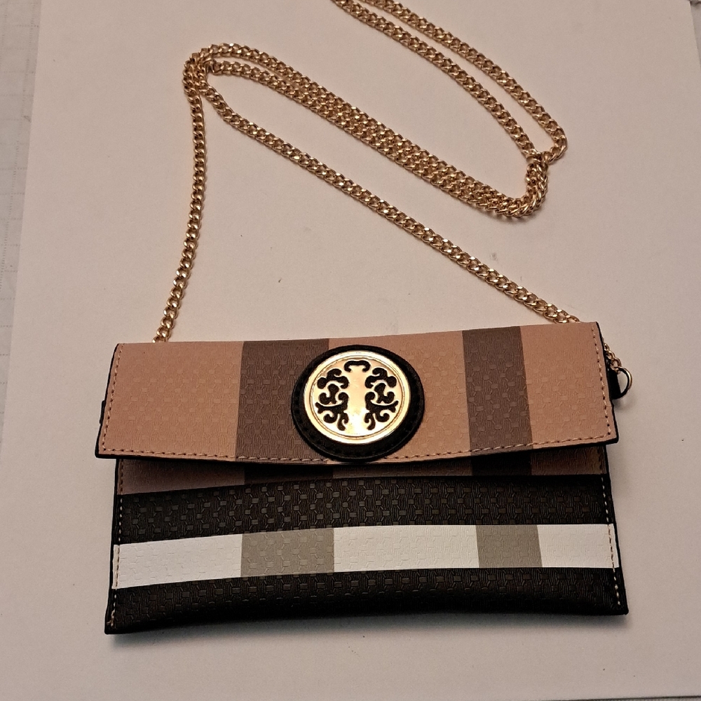 DASIEN Chic Brown and Tan Envelope Clutch with Gold Accent